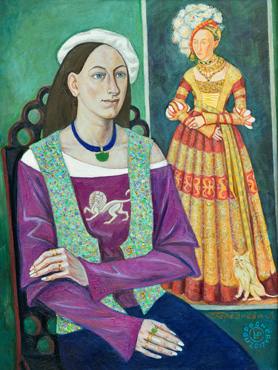 Frauenportrait mit Bild von Lucas Cranach